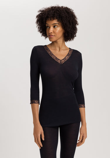 Woolen Lace Lace Trim Wool And Silk Top | Black 70831-019
